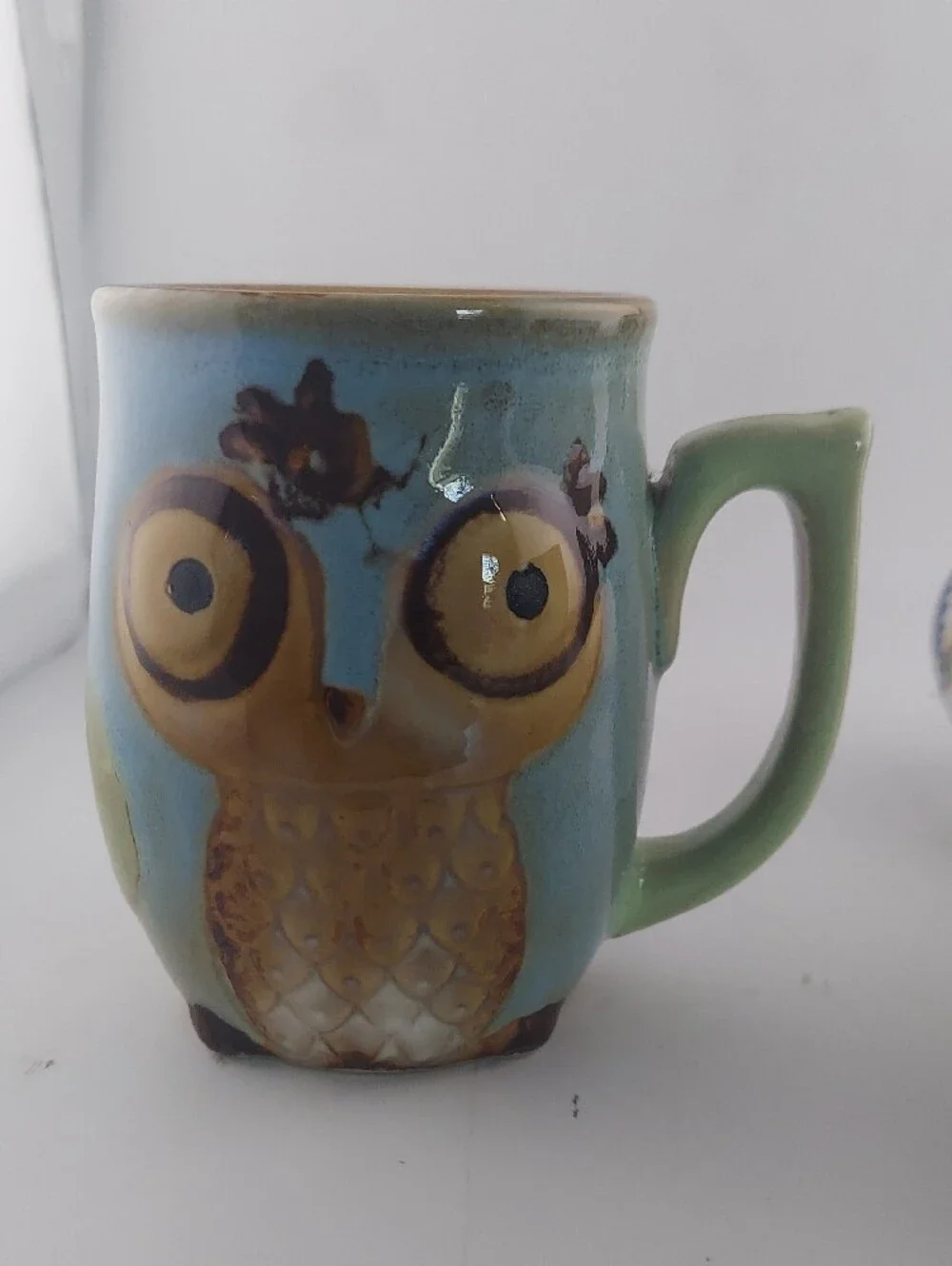 Vintage Owl Mug Set - Blue, White, Cream with Coral Accent